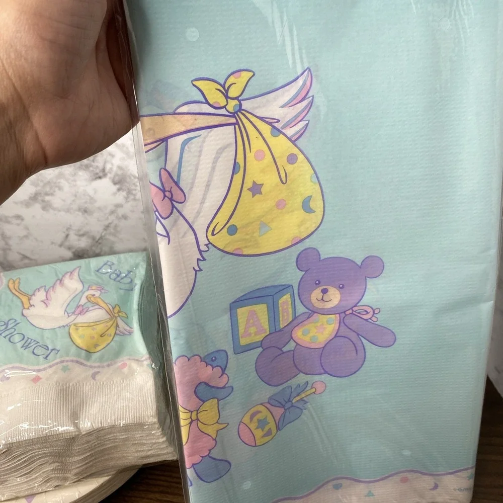 VTG 80/90s NIP AMSCAN Baby Shower Lot Plates, napkins, Tablecover Pastel Stork